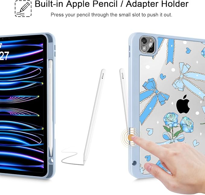Tuiklol for iPad Pro 12.9 Inch 6th/5th/4th/3rd Generation 2022 2021 2020 2018 Case,Built-in Pencil Holder Clear Transparent Protective Back Shell Cover with Auto Sleep/Wake, Bow & Rose Blue