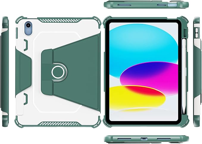 Rotating Case for iPad 11" A16 2025 / iPad 10th Generation 10.9" 2022 Smart Cover with Pencil Holder, Techcircle [Corner Protection] Hybrid TPU+PC Magnetic Flip Stand Soft Bumper Cover, Midnight Green