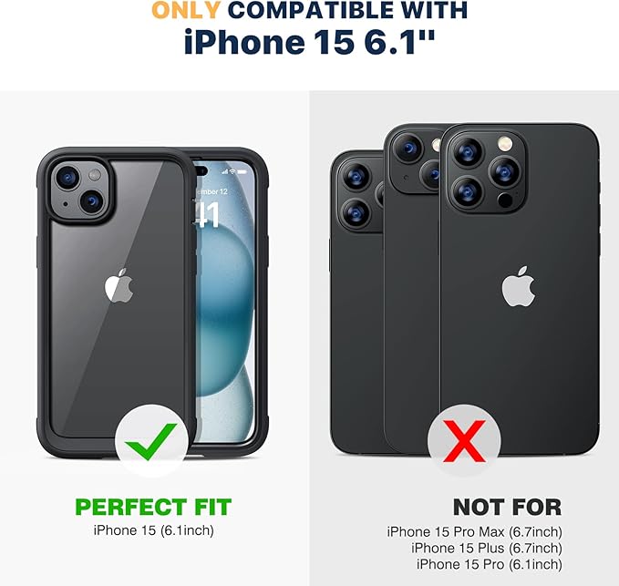 Diaclara Designed for iPhone 15 Case, Full Body Rugged Case with Built-in Touch Sensitive Anti-Scratch Screen Protector, with Camera Lens Protector for iPhone 15 6.1" (Black and Clear) | Full Body