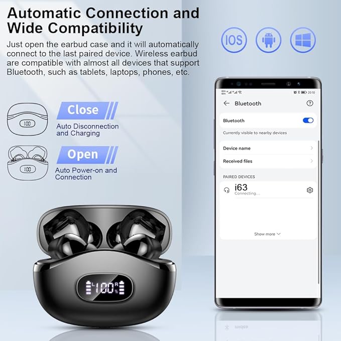 Wireless Earbuds, 48Hrs 2026 Bluetooth Headphones, Hi-Fi Stereo Deep Bass Ear Buds, ENC Noise Cancelling Mic, Clear Calls, IP-X7 Waterproof, USB Sport Earphones in Ear for Phones Laptop Pad, Black