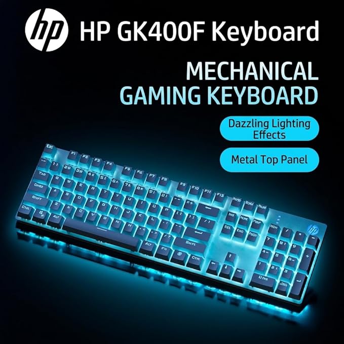 HP Wired Mechanical Keyboard GK400F, 104 Keys Full Size USB Keyboard, Brown Switches, Ice Blue LED Backlit, Anti-Ghosting, Silver & White Keycaps, HP Keyboard for PC Gaming and Office