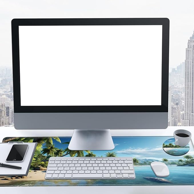 Desk Mat, Multifunctional Desk Pad for Keyboard and Mouse, with Cute Coasters and Mandala Stickers with Stitched Edges Non Slip Base Laptop Mouse pad for Office and Home, Seaside Tropical Palm Tree