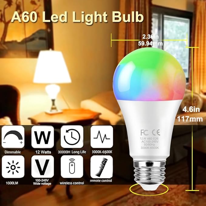 GRV E26 12W Smart LED Bulb with a 2.4GHz Remote Control,RGBCW Color Changing Led Bulb,Stepless Dimmable 3000-6500K,100W Incandescent Lamp Equivalent,A19 1000Lumens,CRI>80,Home Decor,1 Bulb & Remote