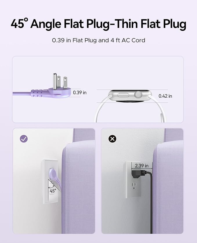 ORICO 4FT Purple Cruise Approved Travel Power Strip with 4 AC Outlets, 2 USB-A Ports, and 1 USB-C Port, 45° Flat Plug Extension Cord with Non Surge Protector for Travel/Home/Dorm/Office-AP3