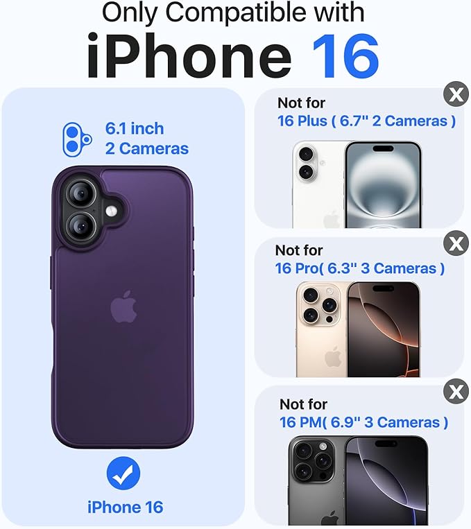 for iPhone 16 Case, [Military-Grade Drop Protection][Anti-Yellowing] Shockproof Protective Translucent Matte Cover for iPhone 16 Phone Case,Dark Purple