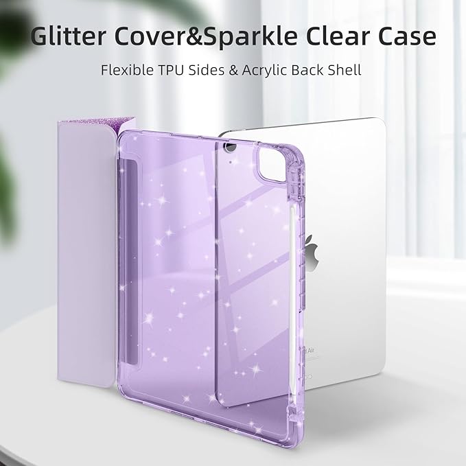 Case for iPad Air 13 Inch (M4/M3/M2, 2026/2025/2024) & iPad Pro 12.9 6/5th Gen (2022/2021), Glittering Sparkly Cover with Shiny Clear Back Shell, Trifold Stand Case with Pencil Holder, Purple