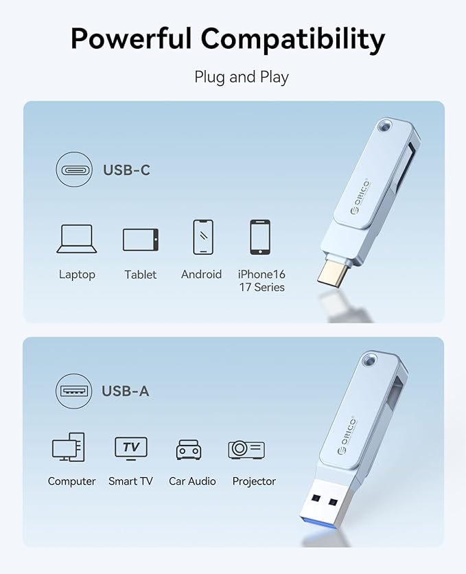 ORICO USB-Cand USB-A Flash Drive 150MB/S Metal Housing Swivel Design Support OTG Function 2 in 1 PenDrive 256GB for USB C and USB A Devices -EB05 BL