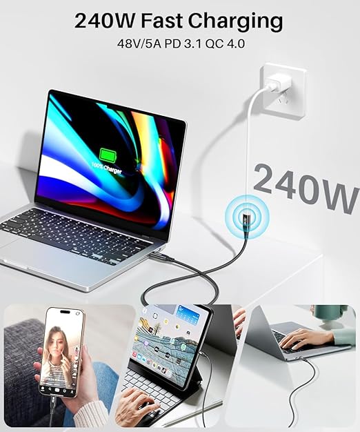 Short USB C Extension Cable 1FT, 40Gbps Data Transfer 8K@60Hz USB 4 Monitor Extension Cord, 240W PD Fast Charging for Thunderbolt Extension Cable for,Portable Monitor,Laptop, Tablet, Phone,MacBook