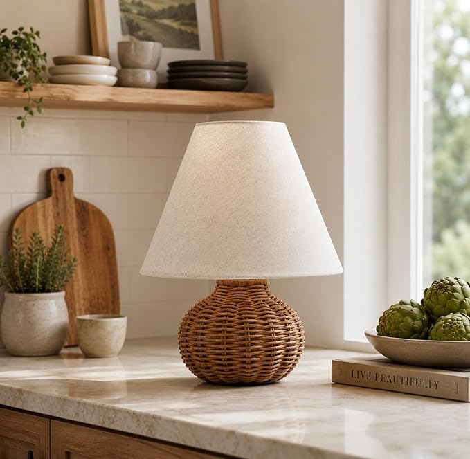 11" Small Mini Wicker Table Lamp, Dimmable Rattan Bamboo Lamp with Off-White Fabric Shade, Boho Accent Light for Nightstand, Nursery, Small Spaces, Kitchen Counter, Bookshelf