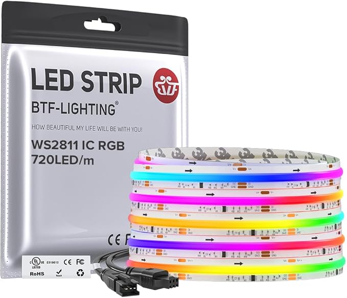 BTF-LIGHTING WS2811 Smart IC RGB FCOB COB LED Strip, UL Listed 720LEDs/m High Density Color Chasing Uniform Light, DC12V 16.4FT 12mm Width Tape Light for Home Party DIY Decor(No Adapter or Controller)