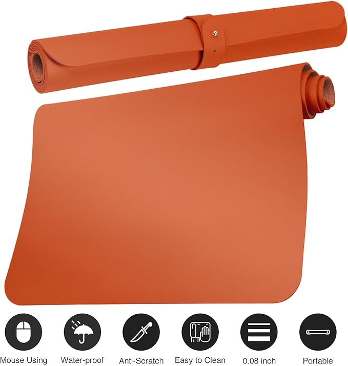 Boutilon Leather Desk Pad Protector,Non-Slip Mouse Pad,Laptop Desk Pad,Office Mouse Mat,Waterproof Leather Desk Blotter,Desk Writing Pad for Office and Home (L-Orange H,35"x 17")