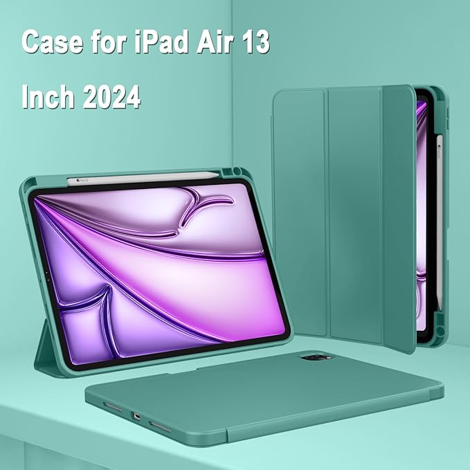 ZryXal New iPad Air 13 Inch Case M3 2025/M2 2024 with Pencil Holder, Trifold Stand Smart Case with Soft TPU Back,Auto Wake/Sleep(Forest Green)