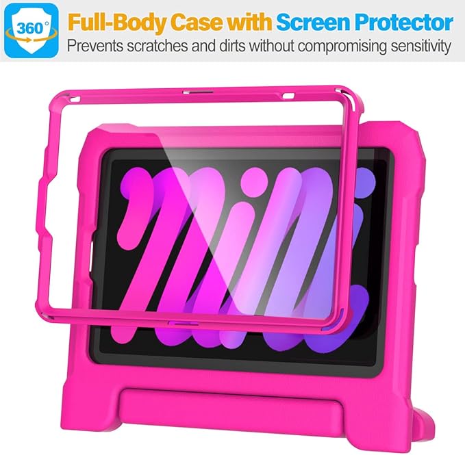 SUPLIK Kids Case for iPad mini 7 (A17 Pro) 2024 & Mini 6 2021, iPad mini 6th/7th Generation Case with Screen Protector, Durable Shockproof Handle Stand Cover for 8.3-inch iPad mini 6/7 Gen, Pink