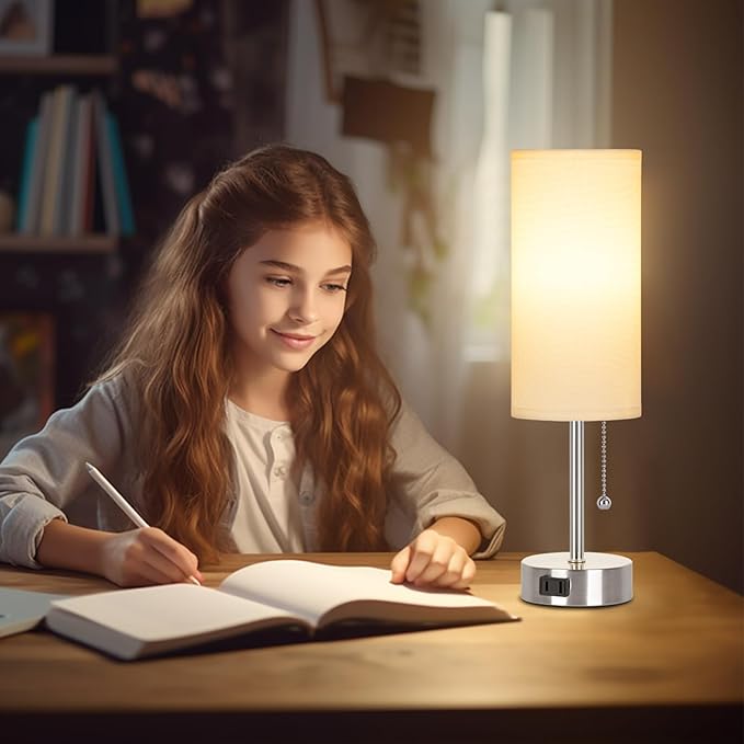 Dott Arts Table Lamp for Bedroom, 3-Color Bedside Lamps with Pull Chain, Bedroom Table Lamps for Nightstand,AC Outlet Small Lamp for Living Room, Bulb Included Nickel
