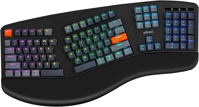Adesso EasyTouch 1500 Ergonomic Mechanical Keyboard with Cherry Red Switches Wired Wireless Bluetooth RGB Illuminated Multi OS for Mac VIA Programmable with Copilot AI Hotkey