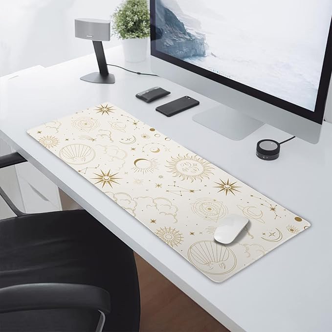 Boho Chic Sun Moon Large Mouse Pad XL Magic Mystical Galaxy Stars Clouds Extended Large Desk Mat Big White Desk Pad 80X30 CM Non-Slip Rubber Base Stitched Edge Long Mousepad,31.5×11.8 Inch