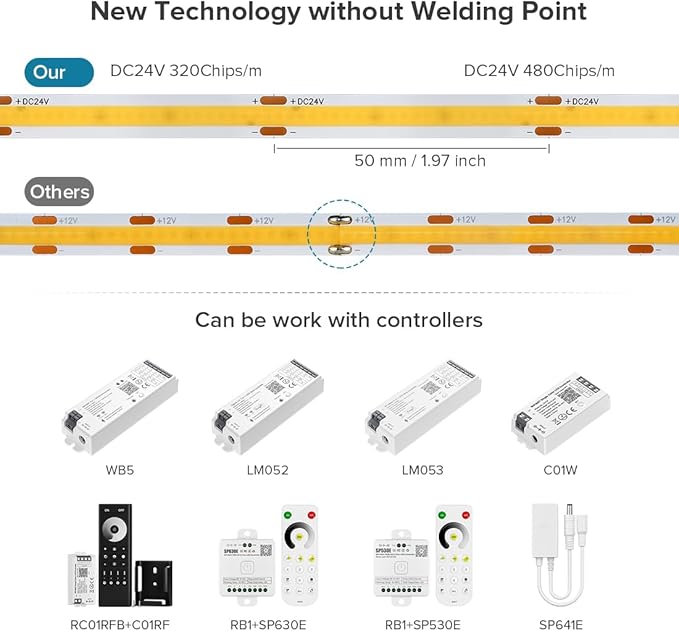 16.4FT COB LED Strip Lights Dimmable 2700K Warm White 320LEDs/m Strips DC24V Adhesive Flexible Cuttable Strip Lights for DIY Home Decor Shelf Cabinet (No Adapter or Controller)