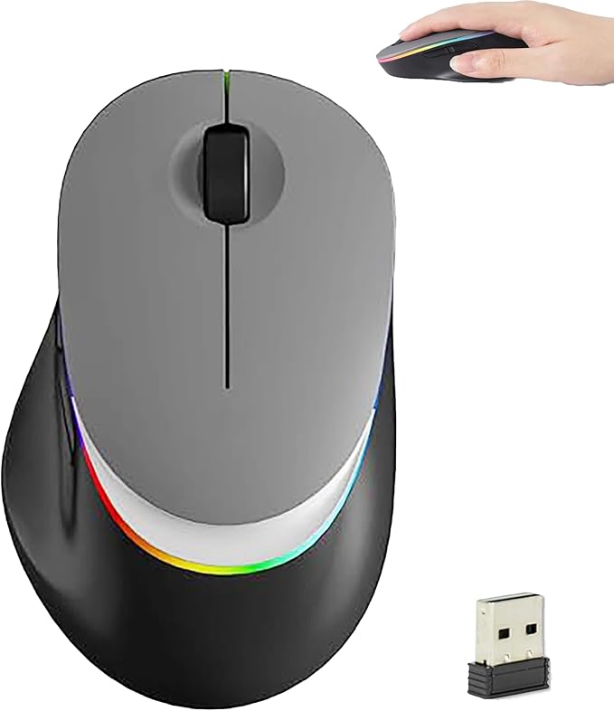 Ergonomic Vertical Mouse Wireless Bluetooth Rechargeable Silent Portable Ergo Mice with RGB LED Light & 2.4G USB Receiver, for PC Laptop Tablet Computer, Office Home, Adult Student Kids Gift-Grey