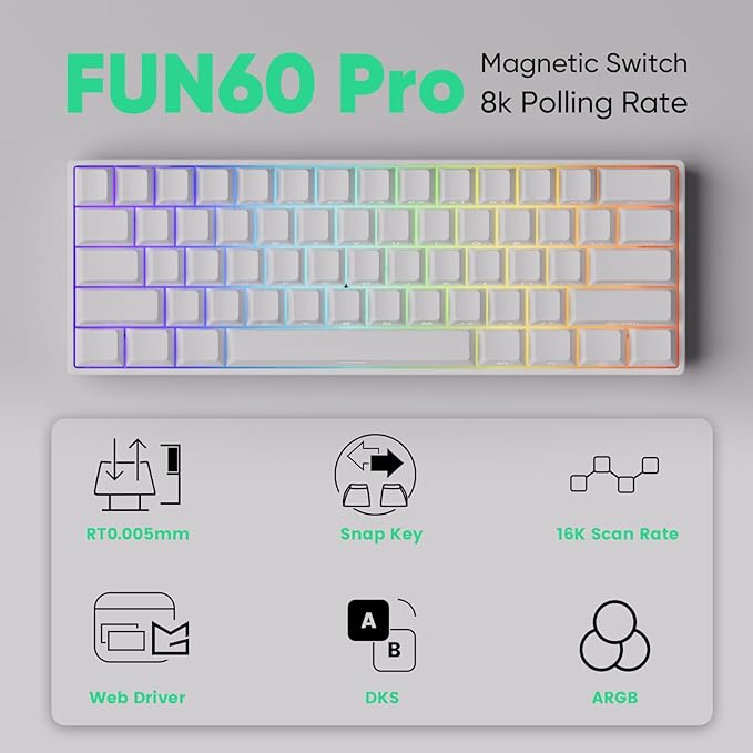 MONSGEEK FUN60 Pro Rapid Trigger Gaming Keyboard 8k SP Magnetic Switch HE Keyboard Multi-Modes Wireless 60% White Shine-Through (Glare Magnetic Switch)