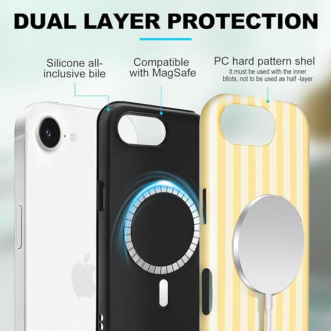 Magnetic for iPhone 16e Case Cute Stripes Phone Case, Shockproof Slim TPU and Hard PC Protective Phone Cover Compatible with MagSafe Designed for Women Girls, Yellow