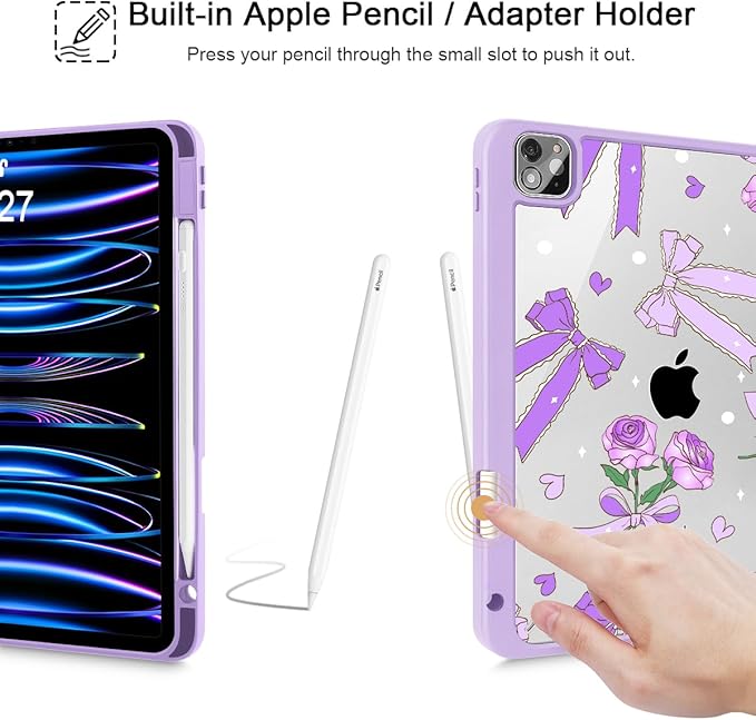 Tuiklol for iPad Pro 12.9 Inch 6th/5th/4th/3rd Generation 2022 2021 2020 2018 Case,Built-in Pencil Holder Clear Transparent Protective Back Shell Cover with Auto Sleep/Wake, Bow & Rose Purple