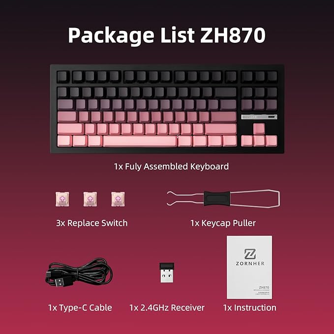ZORNHER ZH870 Wireless Mechanical Gaming Keyboard,80% Pink & Purple Custom Creamy Sound Keyboard with Shine Through PBT Keycaps,Pre-lubed Linear Switches,Hot-Swappable,RGB Backlit,2.4GHz/USB-C/BT5.0