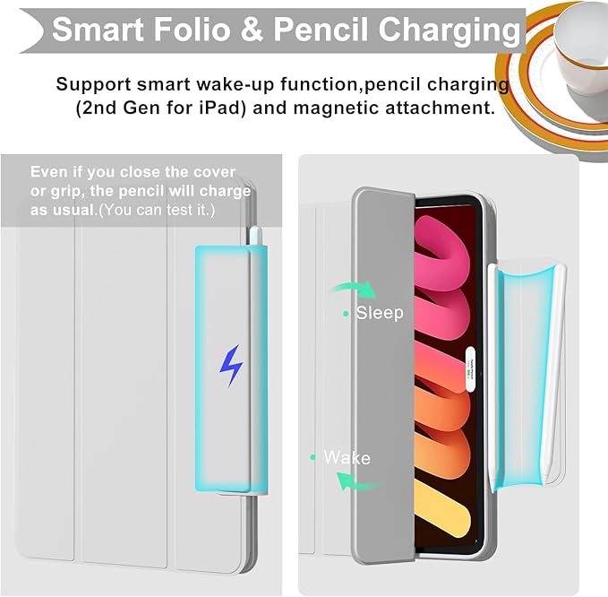 ZENLU iPad mini 6th 7th Generation Case with Removable Magnetic Folio Cover, Premium PU Leather, Multiple Angles, Pencil Charging Support, Full Protective Case for 8.3 inch iPad mini 6/7 (Grey)
