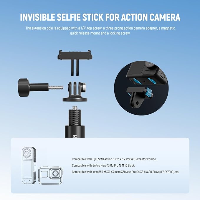 NEEWER Extension Rod Kit Compatible with DJI OSMO Action 5 Pro 4 3 GoPro Insta360 AKASO, 60.5" Invisible Selfie Stick, Action Camera Adapter & Magnetic Quick Release Mount for Video Recording, GP-84