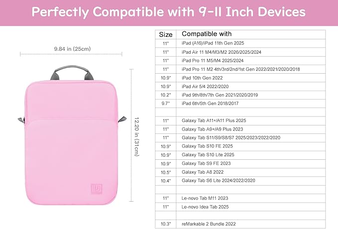 Dadanism 9-11 Inch Tablet Sleeve Bag Carrying Case with Shoulder Strap for iPad (A16) 11", iPad 10th Gen 10.9", iPad Air M4/Pro M5 11", iPad 9/8/7th 10.2", Galaxy Tab A11+ Plus 11", Flowers Pink