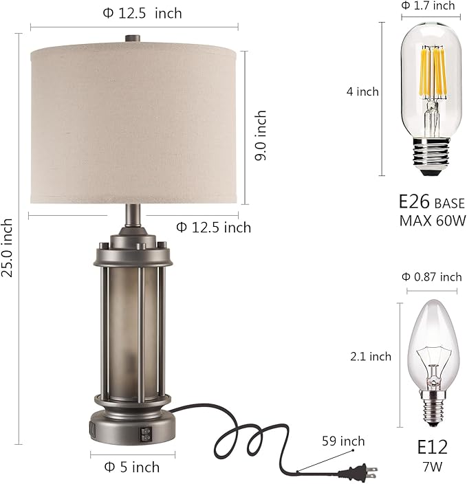 AIEAMPDO Industrial Metal Table Lamps Set of 2 Living Room Bedroom, 2 USB Ports Bedside Lamp with Glass Nightlight, Modern Desk Lamp for Entryway Office End Table, 4 Bulbs Included