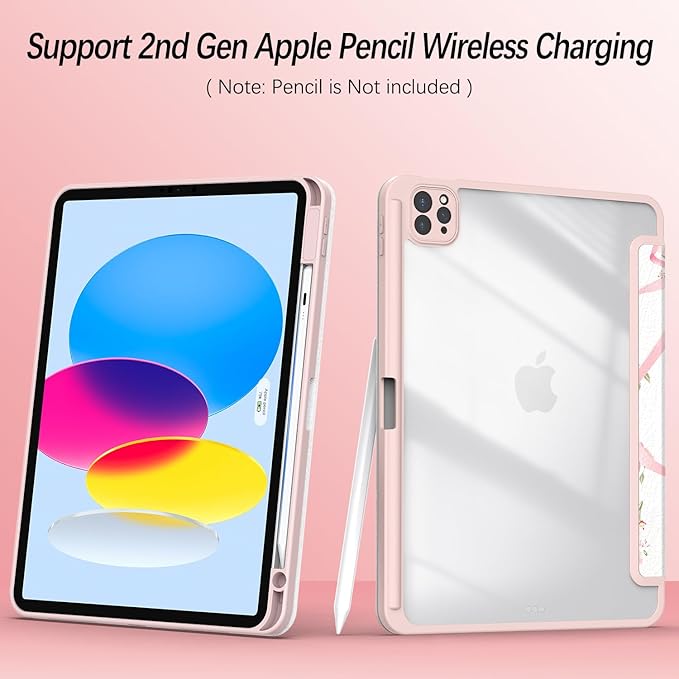 Case for iPad Pro 11 inch 4th/ 3rd/ 2nd / 1st Generation (2022/2021/2020/2018), Case with Pencil Holder, Clear Back Cover Cute Cool Design for Women Girls, Auto Sleep/Wake, Bow Tulip