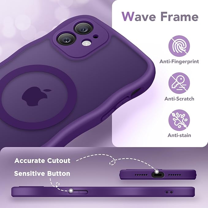 CAPRARO Cute for iPhone 11 Case, Compatible with MagSafe, [Curly Wave Edge] [Full Camera Protection] [14 FT Drop Protection] Magnetic Phone Case for 11 6.1 Inch, Deep Purple