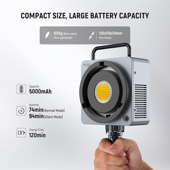 NEEWER 80W LED Video Light with 72Wh Battery & 100W PD Adapter APP/2.4G Control Portable Bi Color Mini COB Studio Continuous Output Lighting 25500lx/1m 2700-6500K 0-100% Dimming CRI95+ 13 Scene, HB80B
