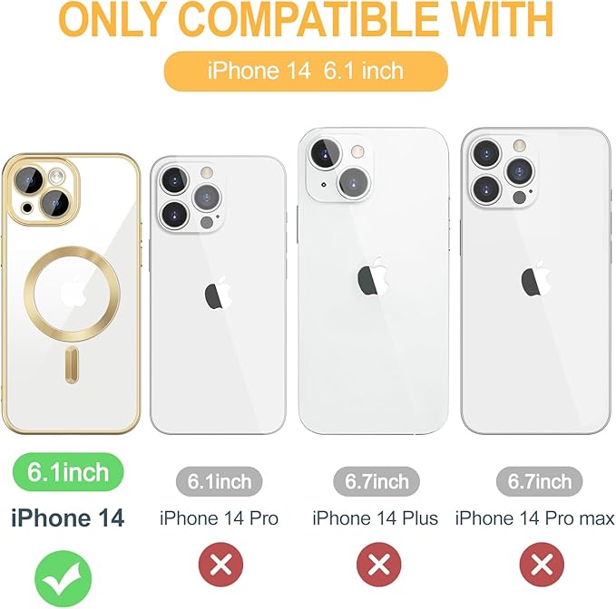 Hython Magnetic Clear for iPhone 14 Case with Camera Lens Protector [Compatible with MagSafe] Luxury Plating Edge Slim Soft TPU Cover Protective Phone Case for iPhone 14 6.1", Matte Gold