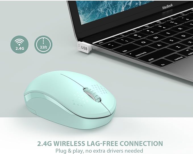 seenda Wireless Mouse for Laptop, 2.4G Noiseless Mouse with USB Receiver - Optical Tracking Portable Computer Mice for Chromebook, PC, Tablet, Windows System, 24 Months Battery Life - Mint Green