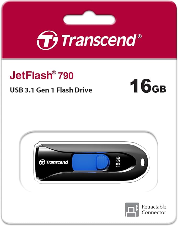 Transcend JF790K 16GB USB Flash Drive, for PC/Mac/ Laptop/Windows/Computer, Desktop/TV/Car Audio, USB3.2 Memory Stick, Thumb Drives Data Storage with Retractable Connector, USB2.0/3.0/3.1 Compatible