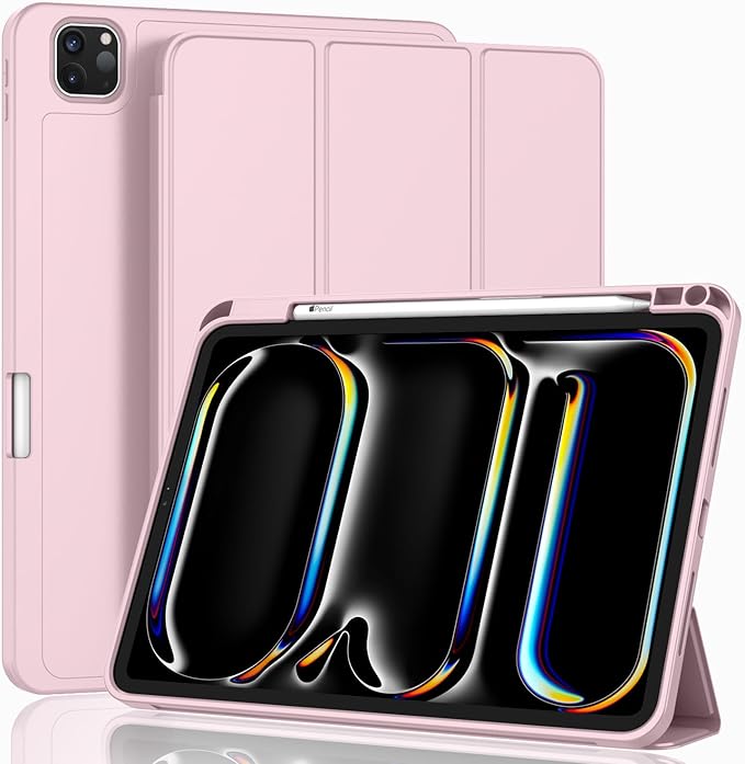 ZryXal iPad Pro 11 Inch Case (M5) 2025/ (M4) 2024 (Model: A2836/A2837/A3006), Trifold Stand Smart Cover with Pencil Holder and Soft TPU Back, Auto Wake/Sleep (Pink)