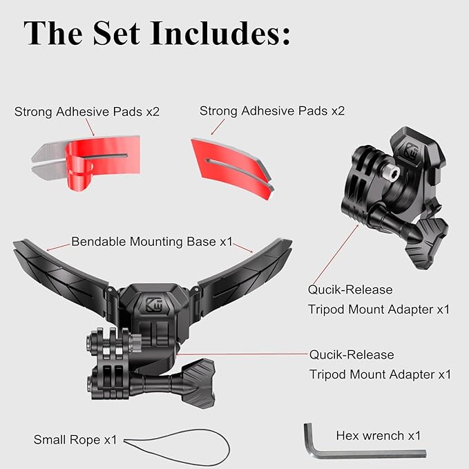 Kewig Universal Motorcycle Helmet Chin Camera Mount with Bendable Mounting Base & Strong Adhesive Pads, Quick-Release Design, Angle Adjustable, Compatible with DJI OSMO/Insta360 Action Camera