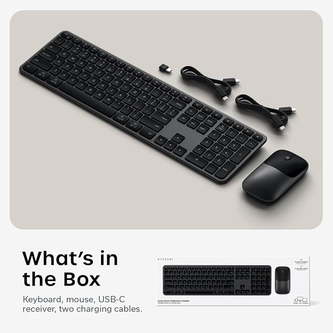 Satechi Wireless Keyboard and Mouse Combo, Slim CEX3 with Multi-Device Bluetooth Pairing and USB-C Receiver Connectivity, Designed for Full-Size Productivity Workspaces, Space Black
