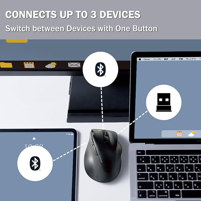 ELECOM EX-G PRO Ergonomic Mouse, Multi-Device Bluetooth or Wireless USB, Silent Click 8 Button, 1000/2000 DPI, Rechargeable, High-Speed Scroll Tilt, for Windows, macOS, Laptop, PC, Tablet (Medium)