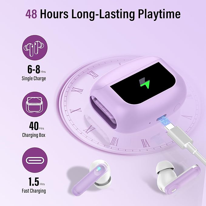 Thunelec Wireless Earbuds, Bluetooth 5.4 Headphones with Multifunctional Touch Screen, 48H Bass Stereo Ear Buds with ANC/ENC Noise Cancelling/Transparency Mode, IPX7 Earphones with 5 EQ Modes, Purple
