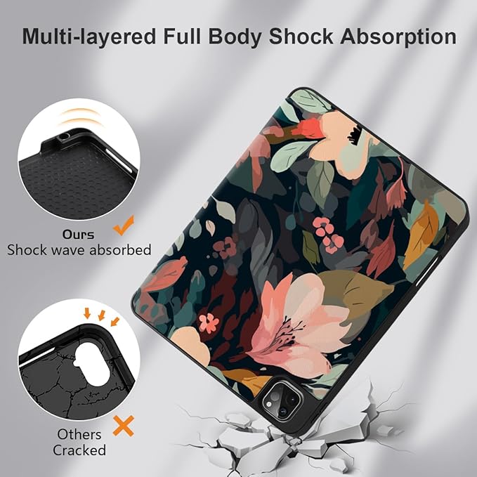 DONGKE Case for 2022/2021/2020/2018 iPad Pro 11 inch Gen 4/3/2/1 - Slim Protective Case - Built in Pencil Holder Support Charging - Trifold Stand & Sleep/Wake Cover - Painted Florals
