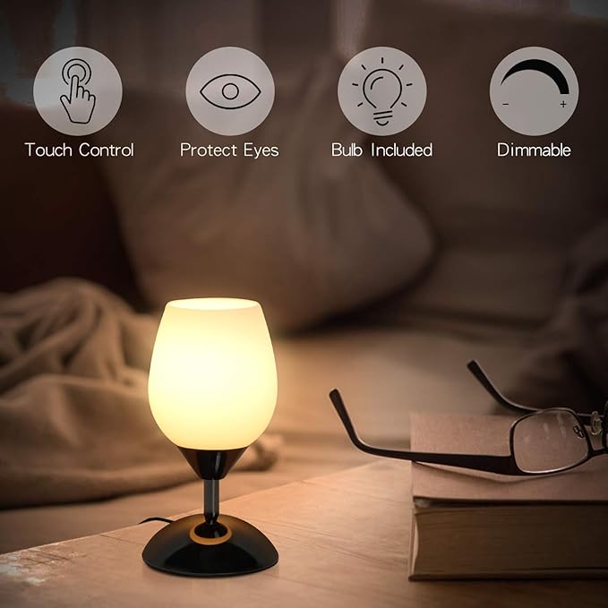 Touch Control Table Lamp Dimmable Small Lamp, Ambient Light with Opal Glass Shade Simple Night Light, Modern Accent Lamp Bedside Nightstand Lamp for Bedroom Living Room, E12 Bulb Included