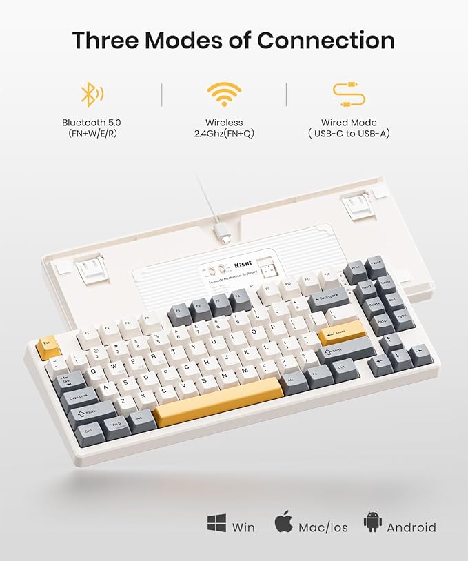 Kisnt KN85 Wireless Mechanical Gaming Keyboard, 75% Layout with RGB Backlit, Custom Hot Swappable, Creamy Sound, Bluetooth/2.4GHz/USB-C Compatible with Windows/Mac/PC(Retro Beige,Linear Switch)