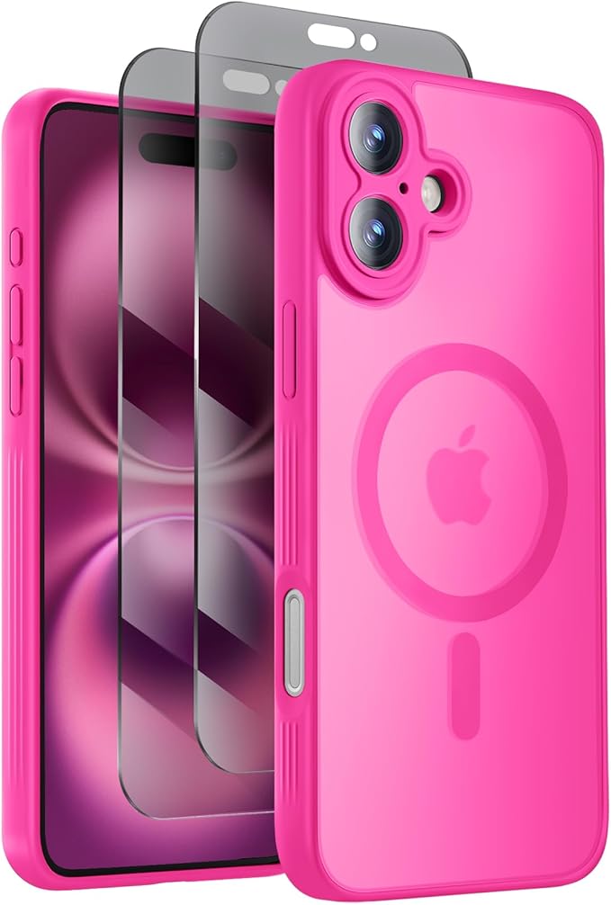 Symcele Designed for iPhone 16 Case, Compatible with MagSafe, with Privacy Screen Protectors X2, [Camera Protection] [15FT Military Drop Protection] Shockproof Phone Case, 6.1", Hot Pink