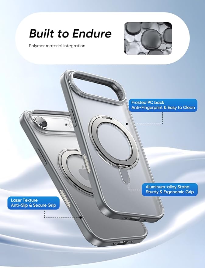MAGIC JOHN 360° Rotatable Magnetic Invisible Stand for iPhone 17 Air Case [Camera Control Button] [Compatible with MagSafe] 16FT Shockproof for iPhone 17 Air Case with Kickstand, Gray