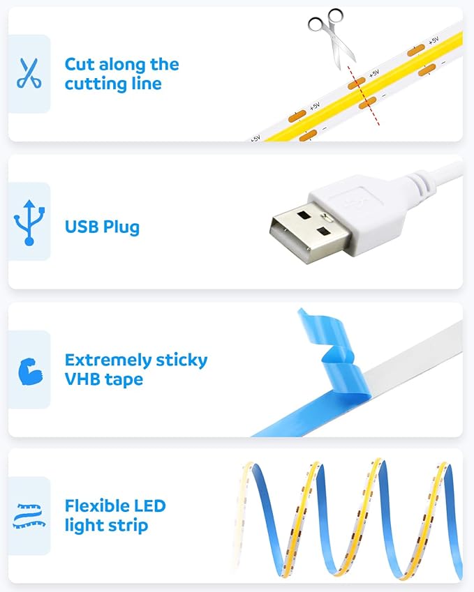 Aclorol 5V COB LED Strip Lights 6000K Cold White USB LED Strip Lights 10ft for Bedroom 8MM Width Flexible Rope Light for Kitchen Cupboard Wardrobe Staircase Counter Lighting Project 320LEDs/M CRI85+