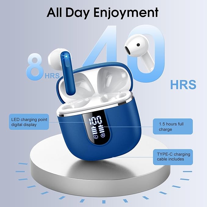Wireless Earbuds, Bluetooth 5.4 Headphones with 3D Bass Stereo, Bluetooth Earbuds with 4 ENC Noise Cancelling Mic, 40H Ultralight In-Ear Buds USB-C LED, IP7 Waterproof Earphones for Android iOS, Blue
