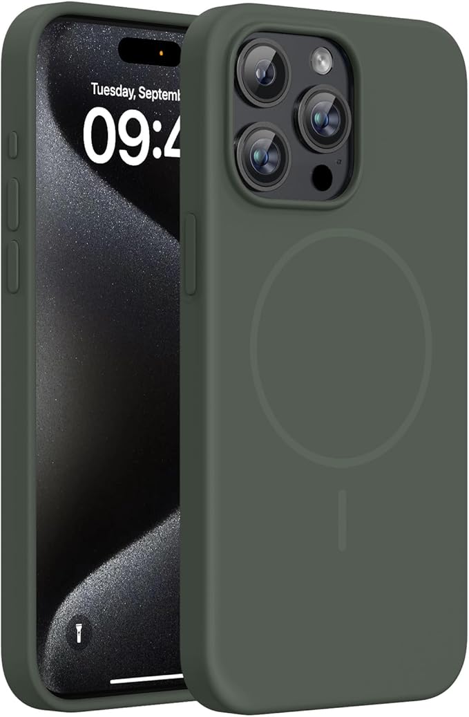 Miracase Magnetic for iPhone 15 Pro Max Case, [Soft Anti-Scratch Microfiber Lining], Compatible with MagSafe, Liquid Silicone Case Shockproof Drop Protection Phone Case for 15 ProMax, Dark Green