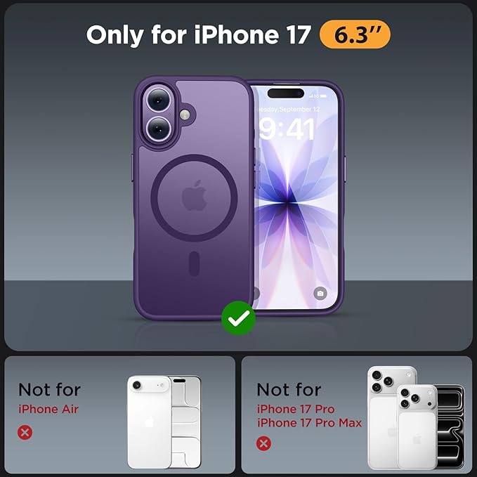 Miracase Magnetic for iPhone 17 Case (Compatible with MagSafe) with Screen Protector Military-Grade Protection, Anti-Fingerprint Translucent Matte Phone Cover for iPhone 17 6.3 inch, Dark Purple